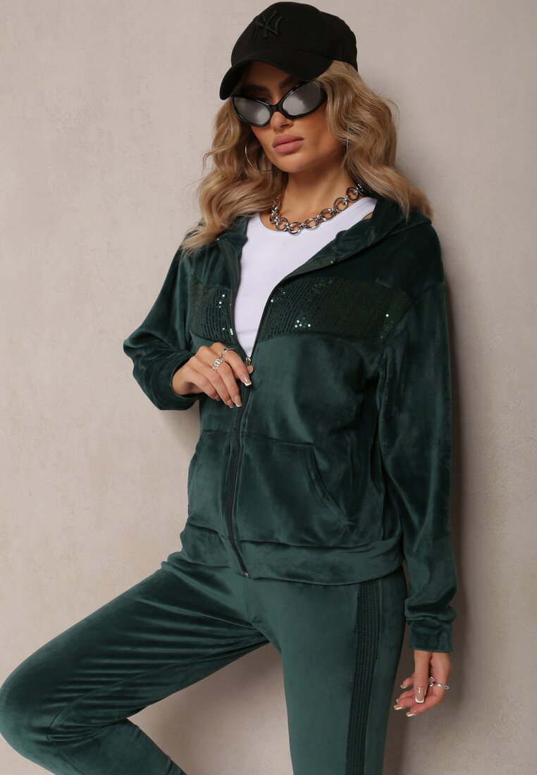 Zielony Komplet Dresowy 2-Częściowy Bluza z Kapturem i Cekinami i Spodnie na Gumce Colan