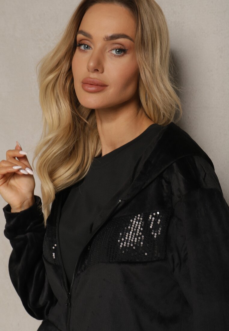 Set trening negru din 2 piese hanorac cu glugă cu paiete și pantaloni cu elastic Colan