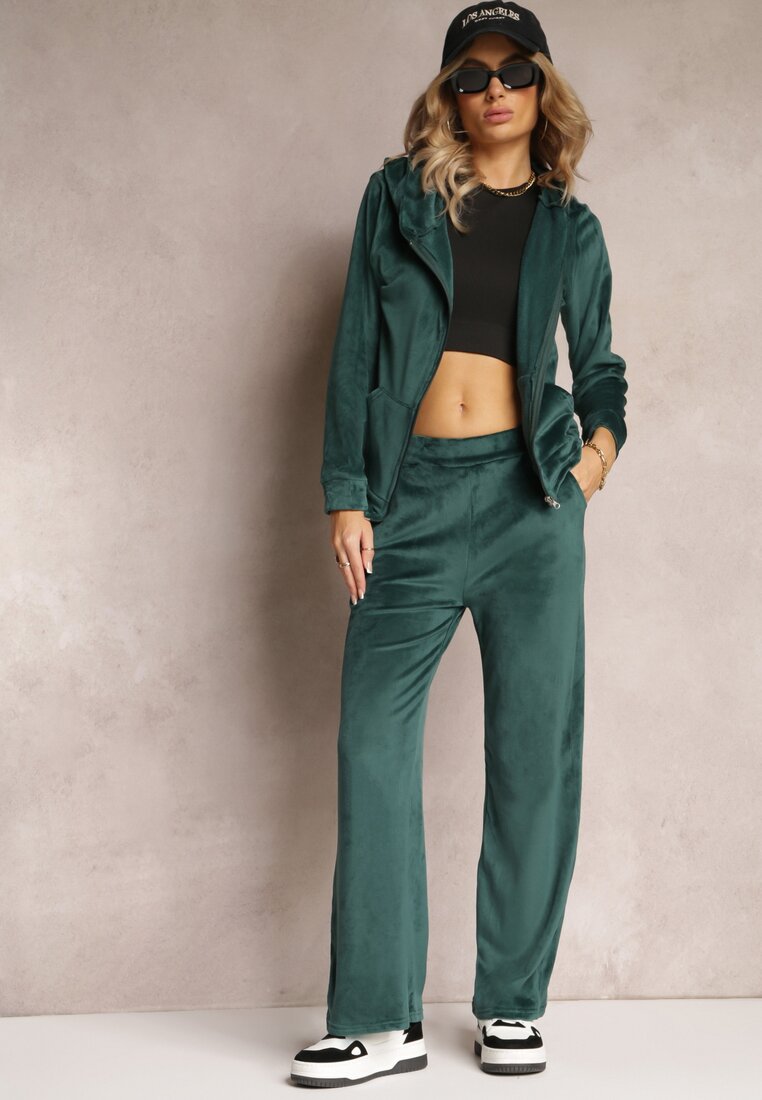 Verde Compleu din 2 Piese Catifea Bluză cu Glugă și Pantaloni Largi cu Elastic Nathaly de la