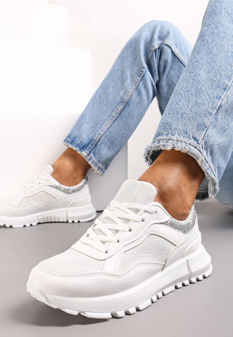 Białe Sneakersy z Brokatową Wstawką Ottavia