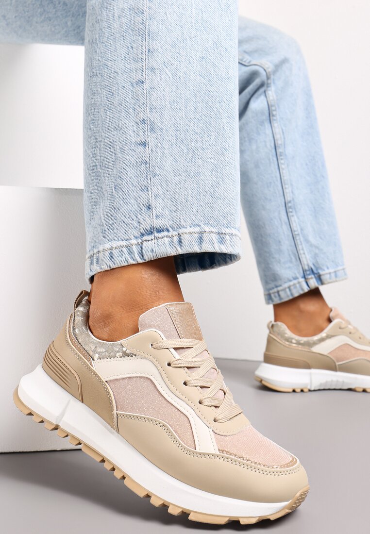 Ciemnobeżowe Sneakersy z Brokatową Wstawką Ottavia