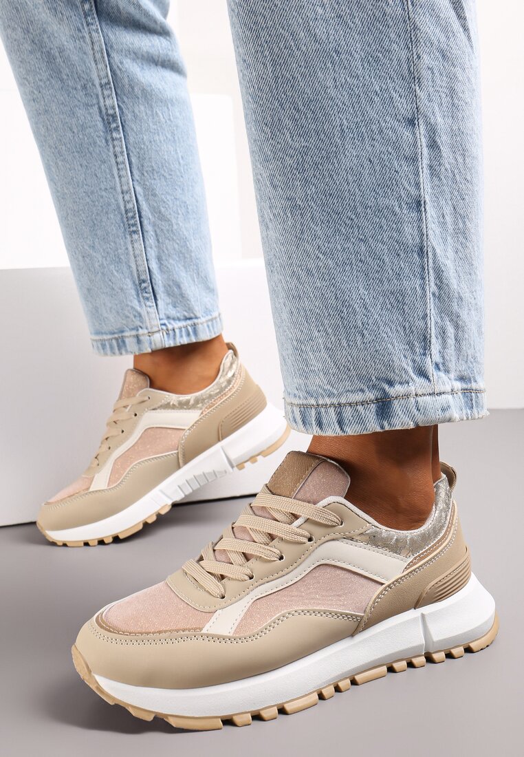 Ciemnobeżowe Sneakersy z Brokatową Wstawką Ottavia