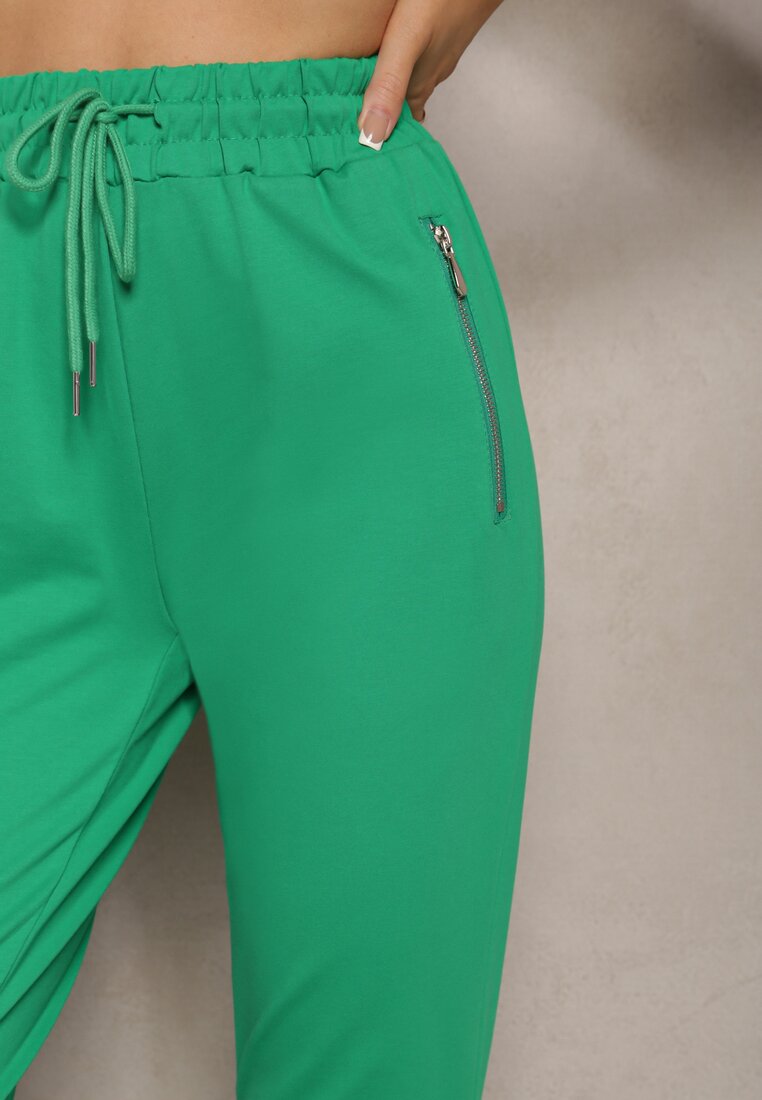 Zielone Dresowe Spodnie Bawełniane Joggery z Kieszeniami na Suwaki Bieitta
