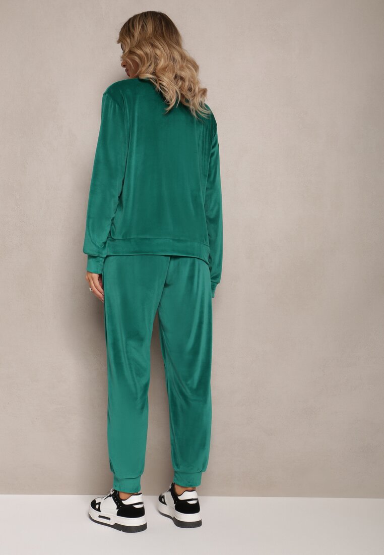 Zielony Welurowy Komplet Dresowy z Bluzą i Spodniami Joggerami Mafira