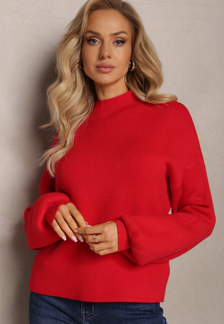 Czerwony Gładki Sweter Golf ze Ściągaczami Germifa