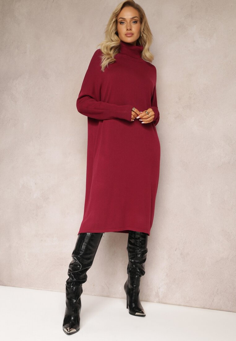 Bordowa Sukienka Sweterkowa o Pudełkowym Fasonie Horrene