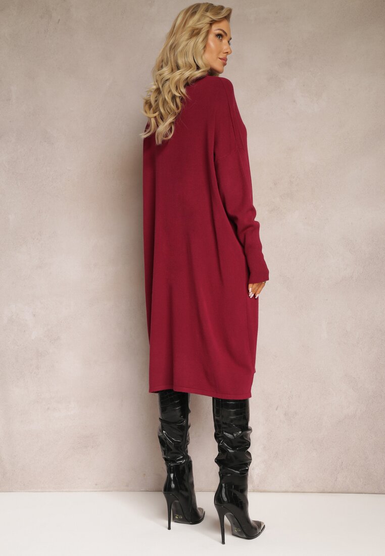 Bordowa Sukienka Sweterkowa o Pudełkowym Fasonie Horrene