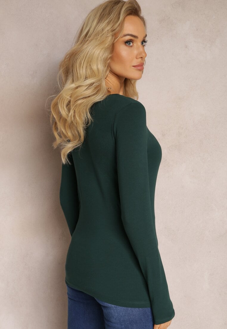 Ciemnozielona Bluzka Longsleeve z Trójkątnym Dekoltem Fezomia