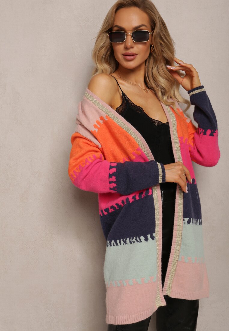 Roz-Bej Lung Cardigan Fara Închidere Cu Fir Metalic Abdona