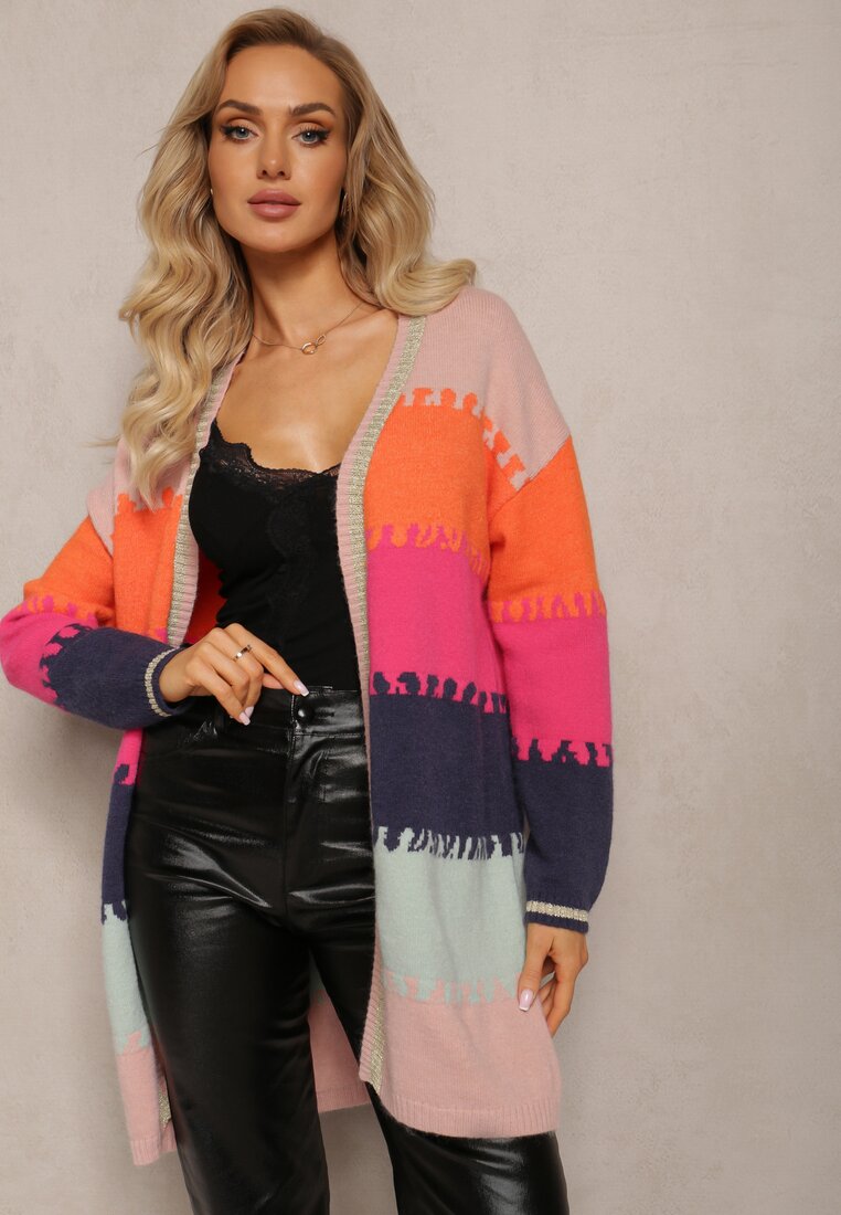 Roz-Bej Lung Cardigan Fara Închidere Cu Fir Metalic Abdona