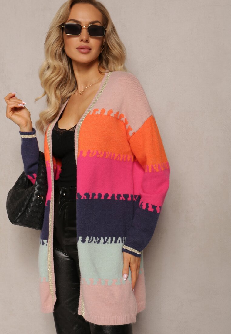 Roz-Bej Lung Cardigan Fara Închidere Cu Fir Metalic Abdona