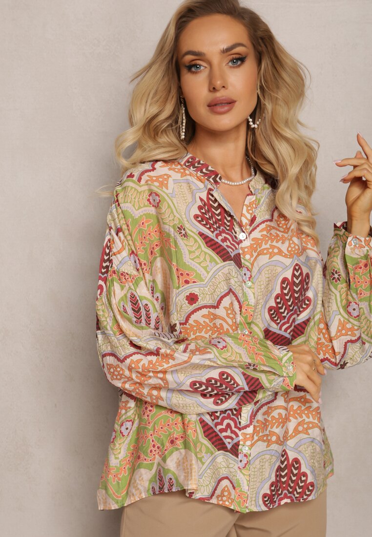 Cămașă Bej-Verde cu Viscoză cu Nasturi în Model Modern cu Ornamente Mingula