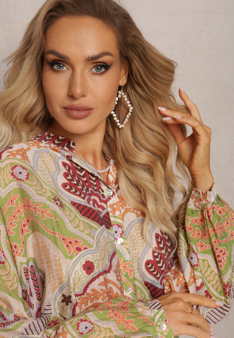 Cămașă Bej-Verde cu Viscoză cu Nasturi în Model Modern cu Ornamente Mingula