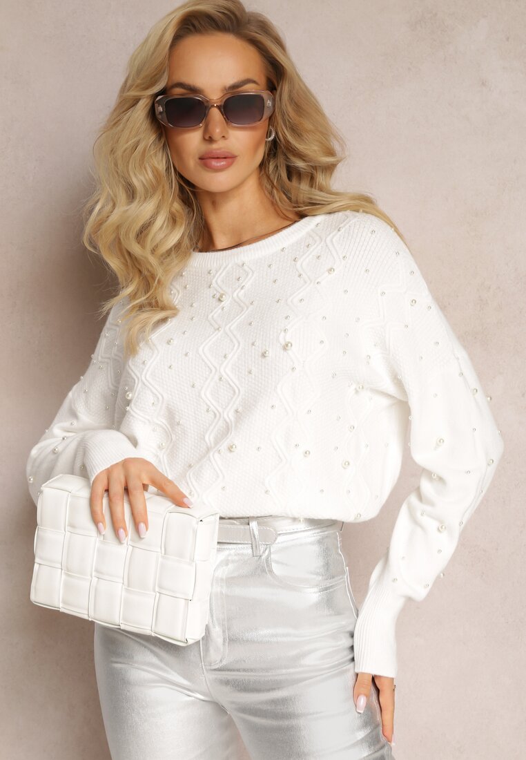 Biały Sweter Kaszmirowy z Perłami Litiana