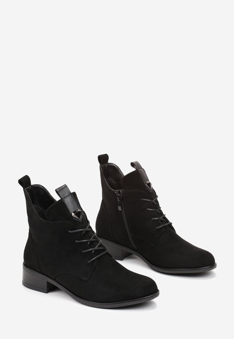 Botine Negre cu Șiret Pietre Ornamentale și Inserție din Piele Ecologică Julietta
