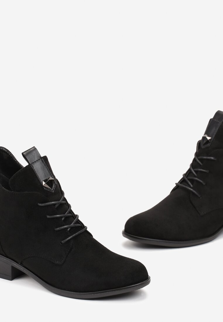 Botine Negre cu Șiret Pietre Ornamentale și Inserție din Piele Ecologică Julietta