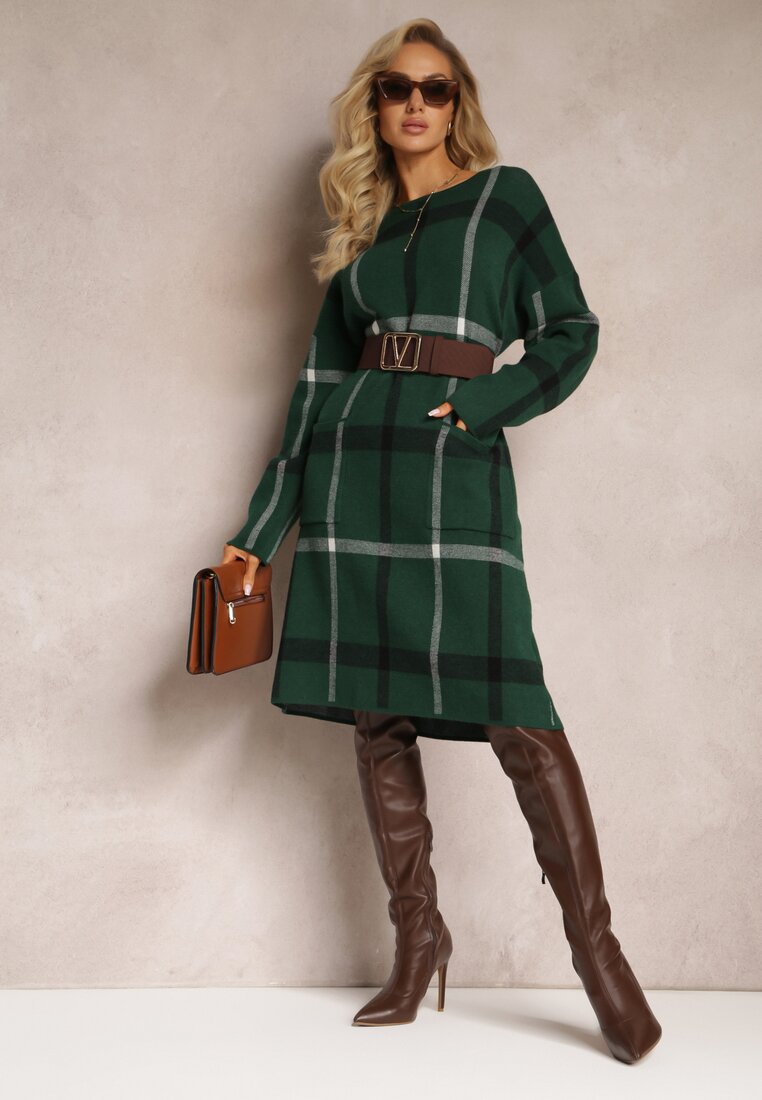 Zielona Midi Sukienka w Kratę z Kieszeniami o Pudełkowym Fasonie Bamira