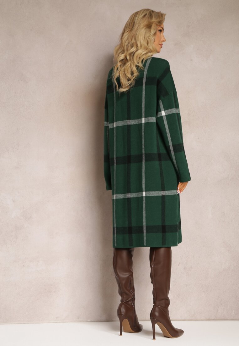 Zielona Midi Sukienka w Kratę z Kieszeniami o Pudełkowym Fasonie Bamira