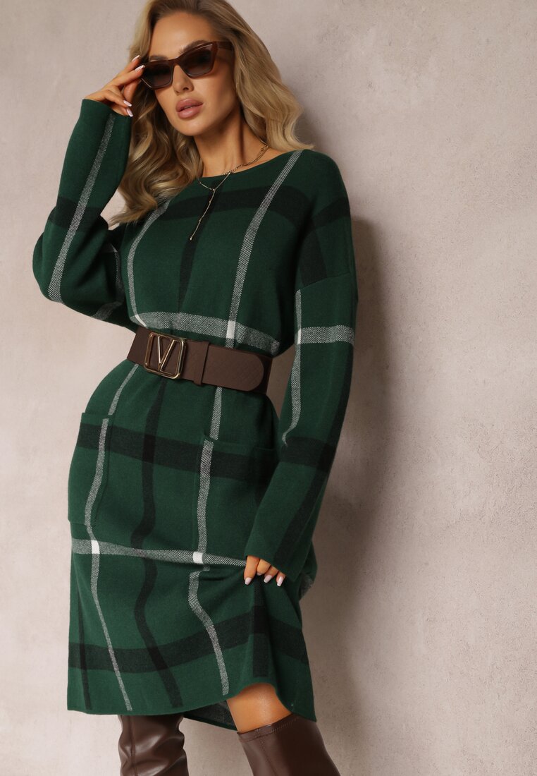 Zielona Midi Sukienka w Kratę z Kieszeniami o Pudełkowym Fasonie Bamira