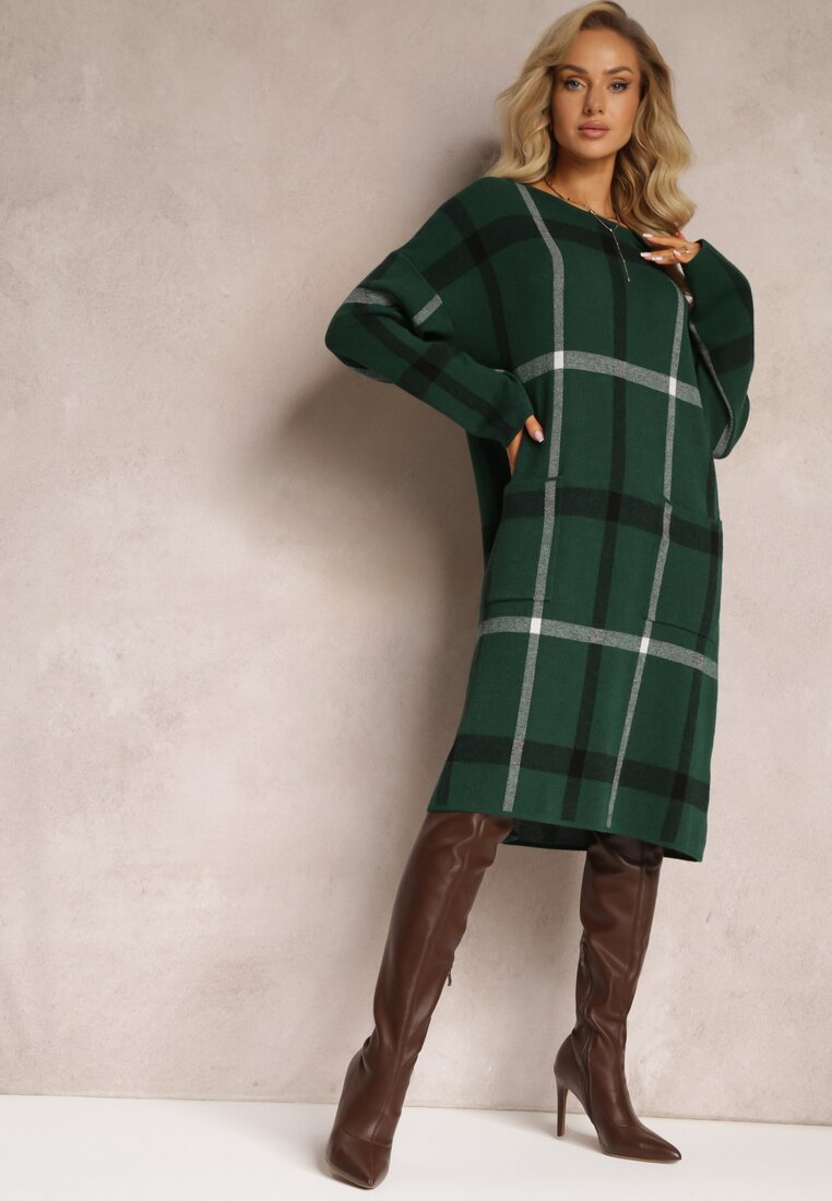 Zielona Midi Sukienka w Kratę z Kieszeniami o Pudełkowym Fasonie Bamira