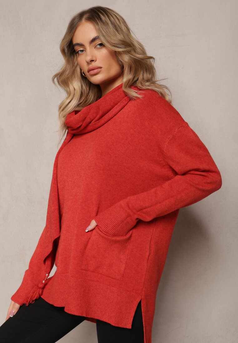 Pomarańczowy Sweter z Szalikiem z Chwostami w Komplecie Rumabena
