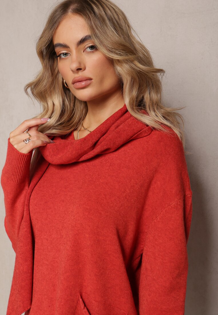 Pomarańczowy Sweter z Szalikiem z Chwostami w Komplecie Rumabena