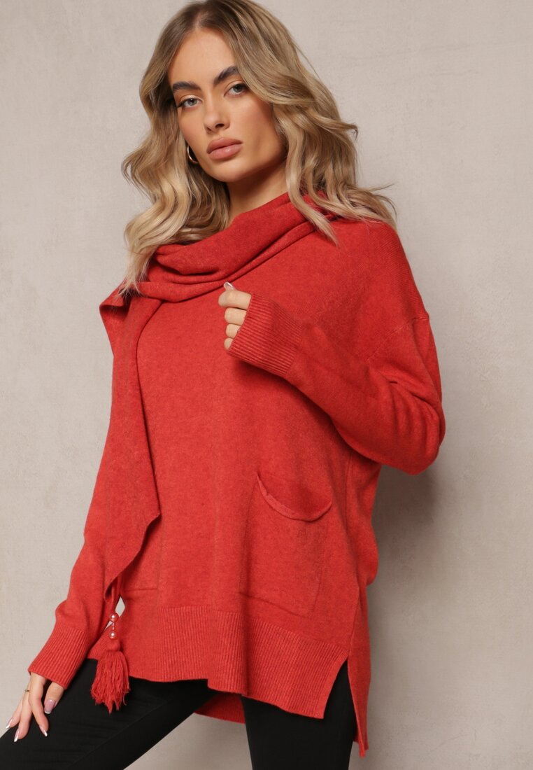Pomarańczowy Sweter z Szalikiem z Chwostami w Komplecie Rumabena