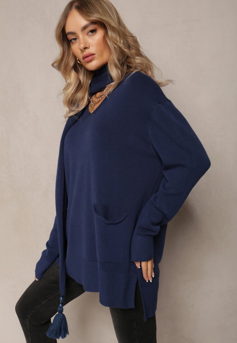 Granatowy Sweter z Szalikiem z Chwostami w Komplecie Rumabena
