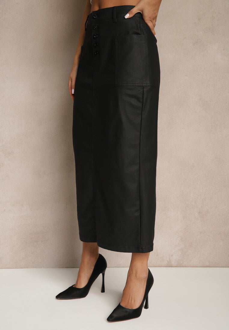 Czarna Ołówkowa Spódnica Midi High Waist z Ekoskóry Adaulfo