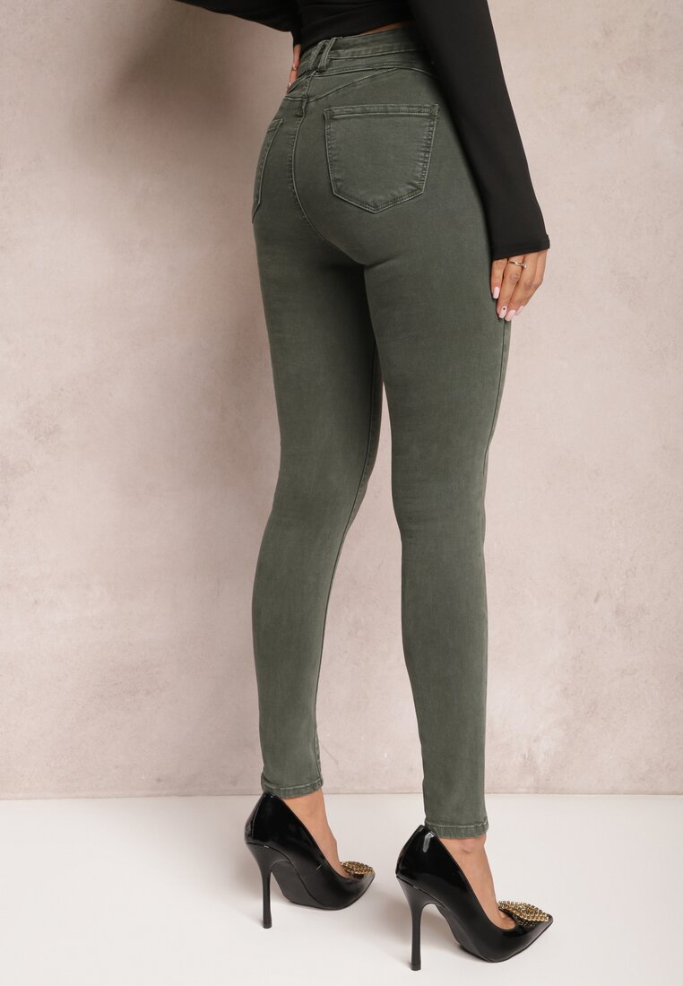 Ciemnozielone Jeansy Skinny z Efektem Push Up Karinali