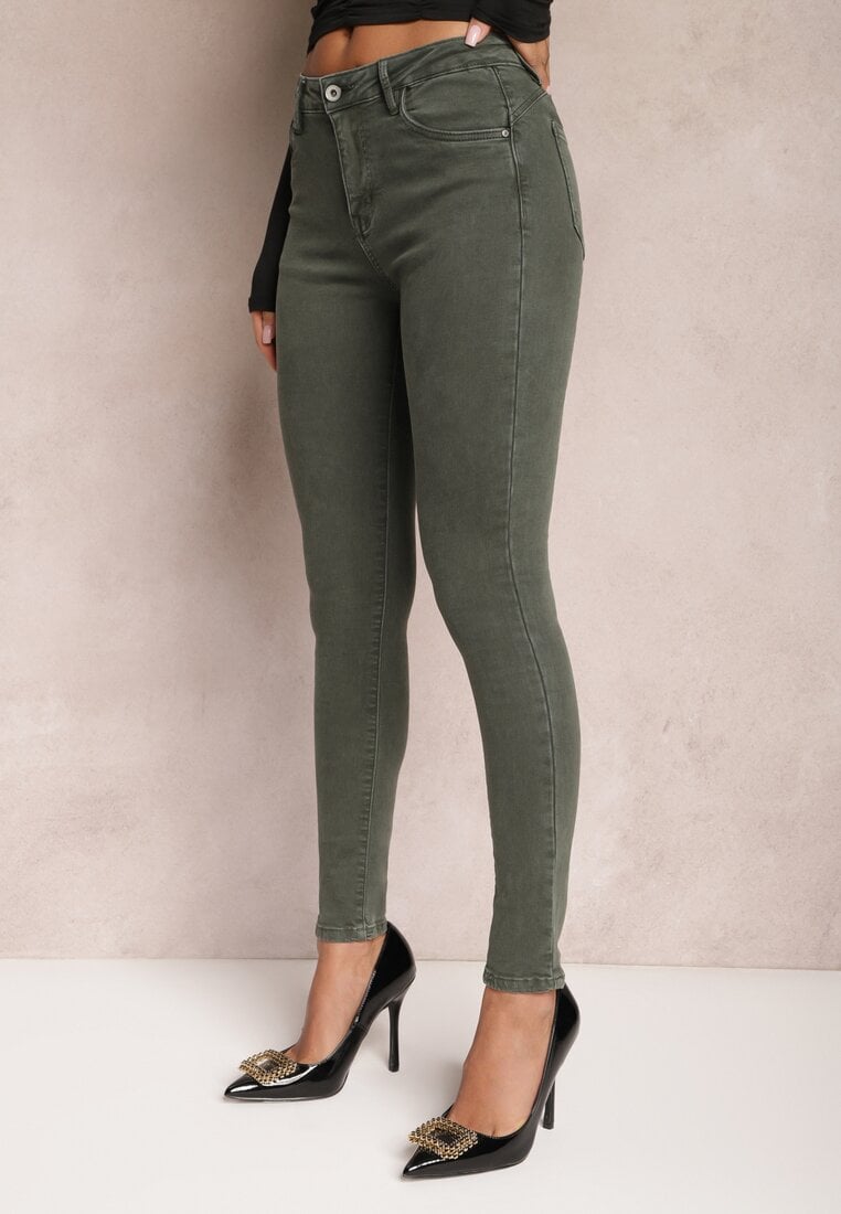 Ciemnozielone Jeansy Skinny z Efektem Push Up Karinali