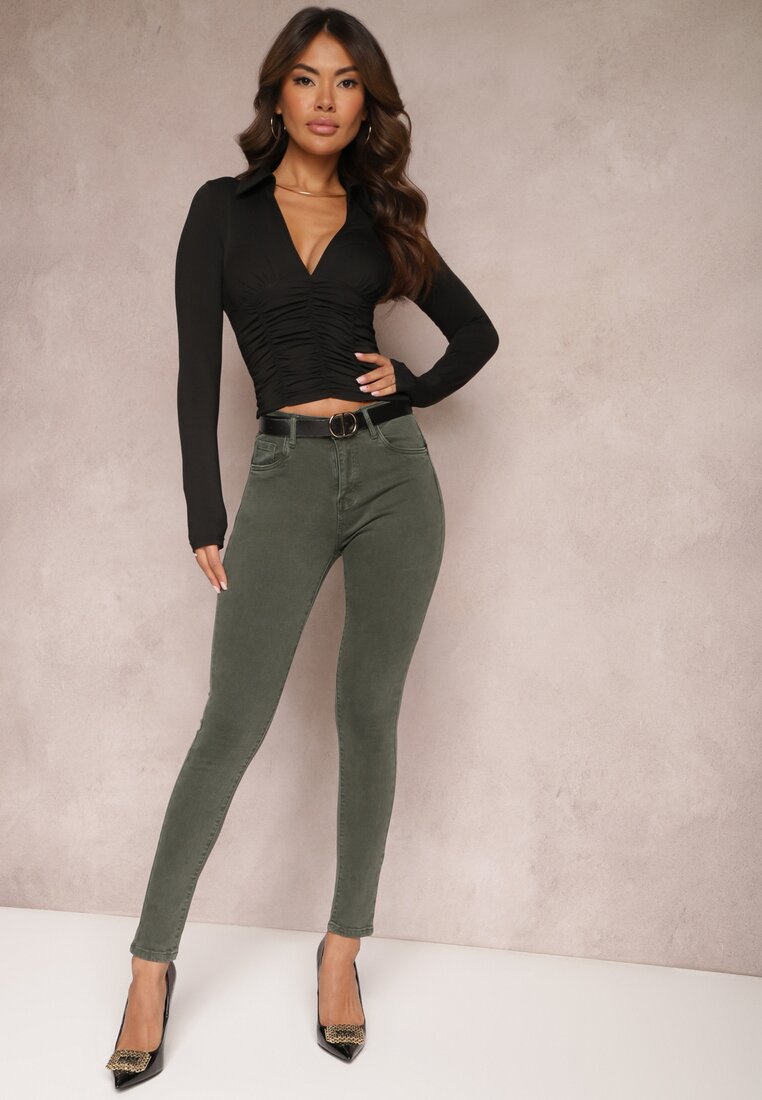 Ciemnozielone Jeansy Skinny z Efektem Push Up Karinali