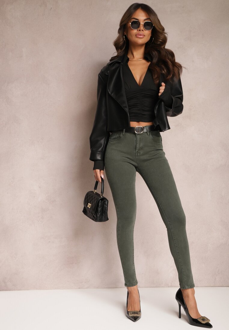 Ciemnozielone Jeansy Skinny z Efektem Push Up Karinali