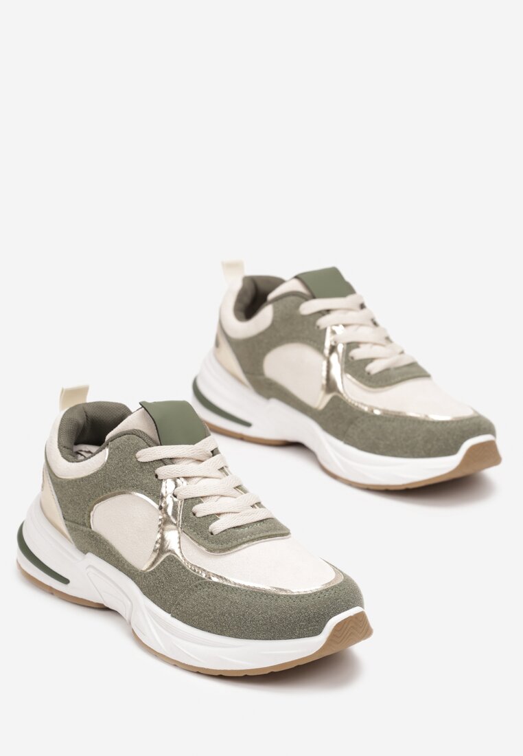 Beżowo-Zielone Sznurowane Sneakersy Ozdobione Metaliczną Wstawką Kizria