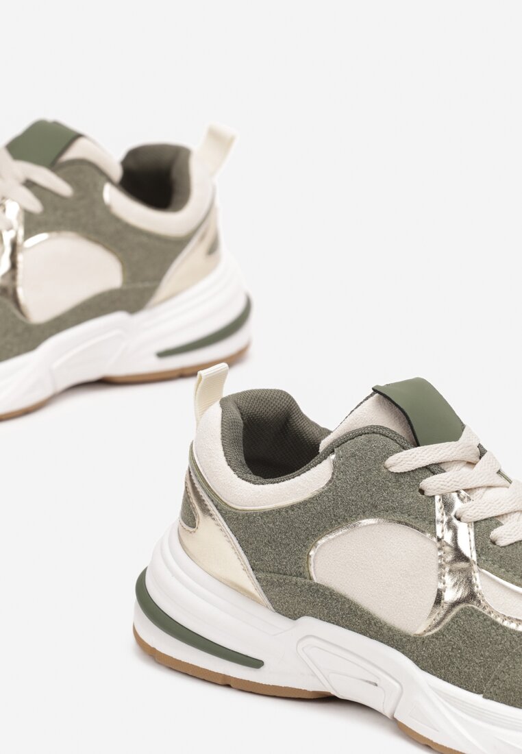 Beżowo-Zielone Sznurowane Sneakersy Ozdobione Metaliczną Wstawką Kizria