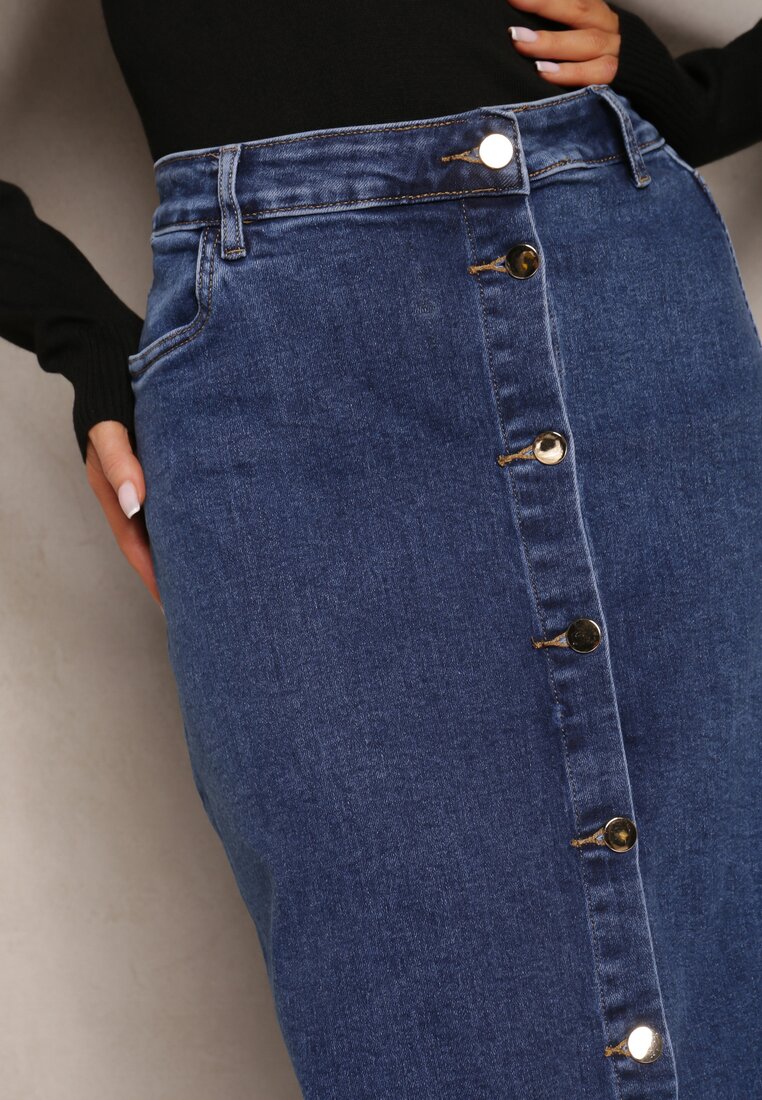 Niebieska Asymetryczna Spódnica Jeansowa Zapinana na Guziki Heliora