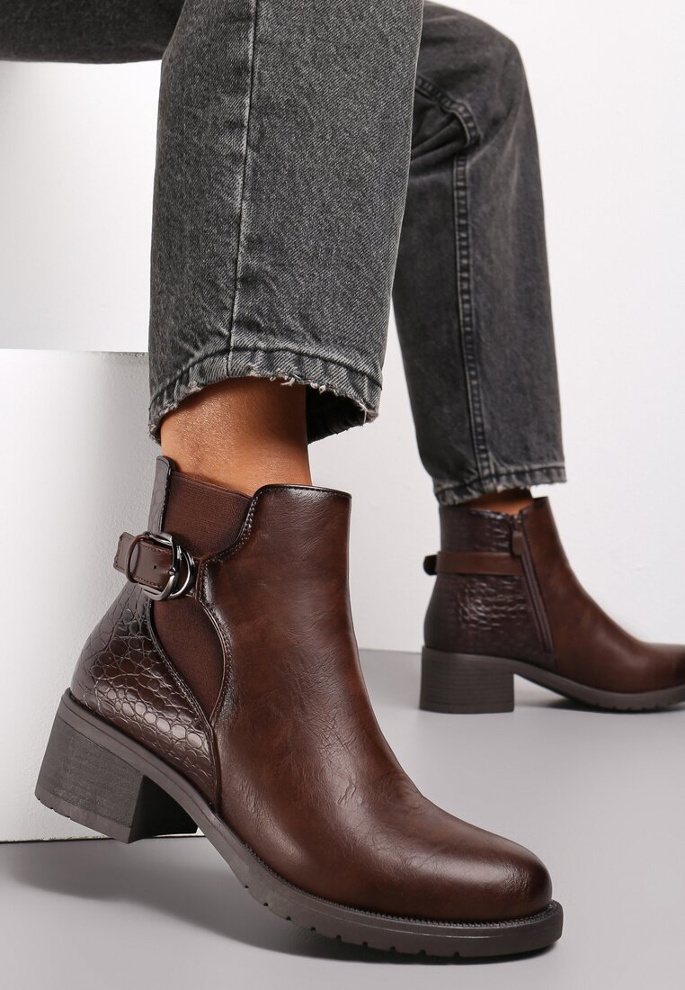 Botine Maro Chelsea Gheltrude cu Cataramă și Inserție cu Imprimeu Șarpe