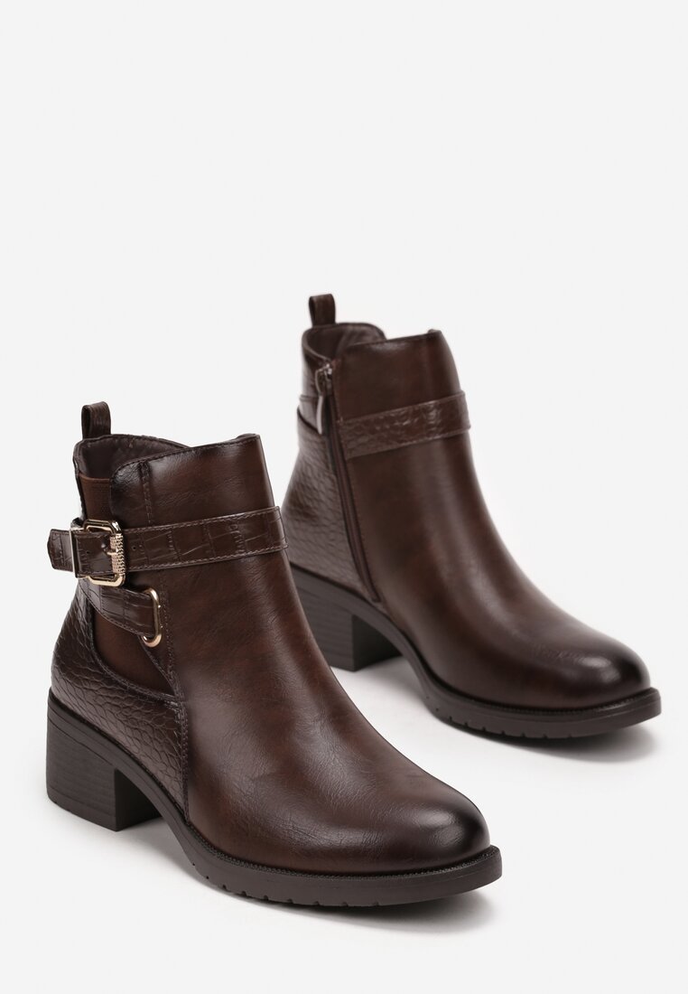 Botine Maro cu Imitatie de Piele de Sarpe pe Toc Mic Carab