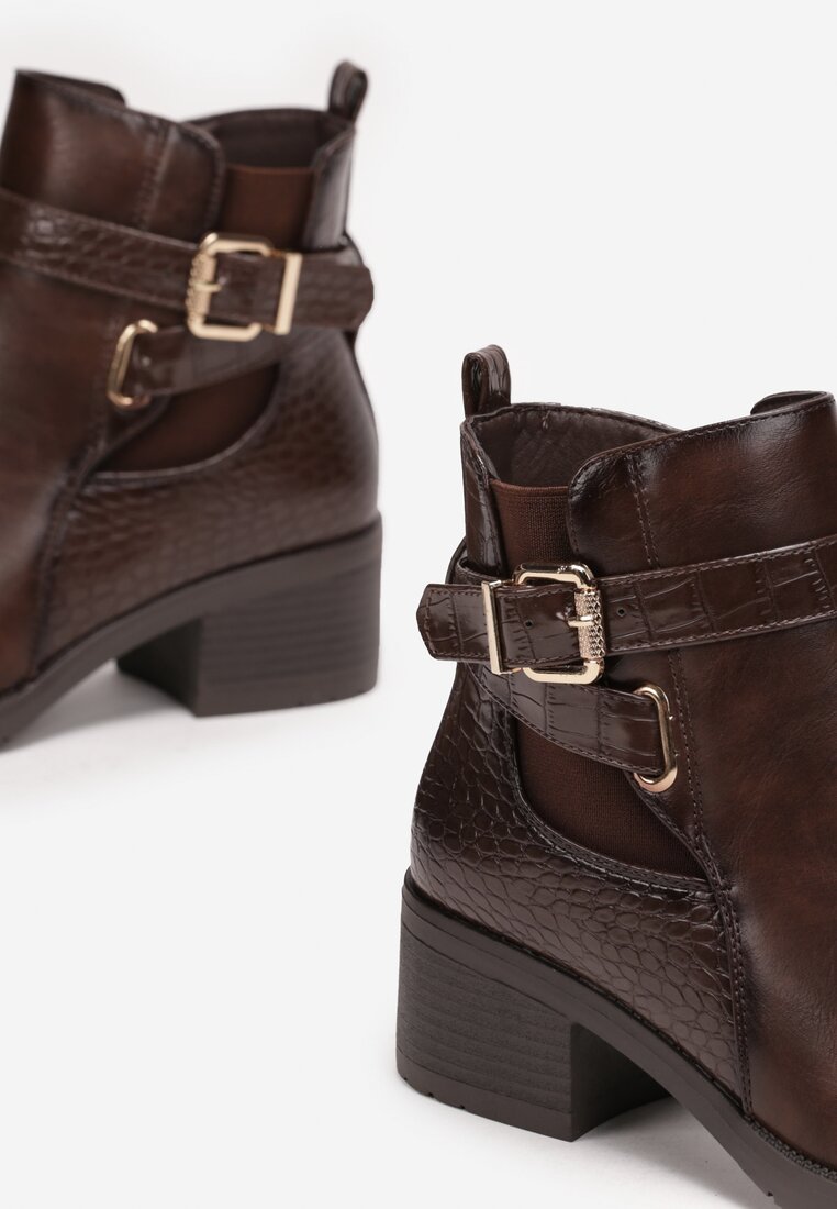 Botine Maro cu Imitatie de Piele de Sarpe pe Toc Mic Carab