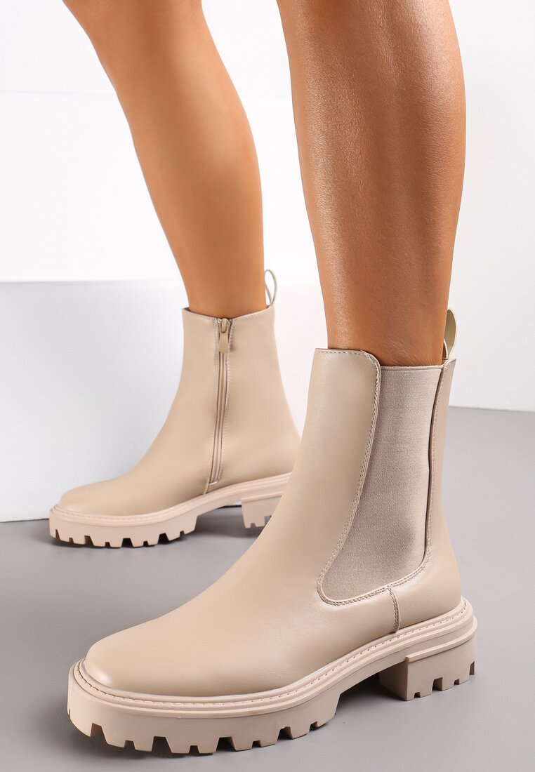 Beżowe Botki Sztyblety w Stylu Chunky na Grubej Podeszwie Apollinare