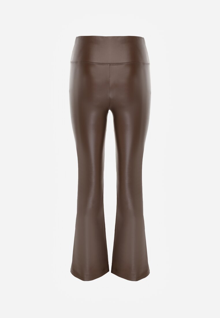 Brązowe Spodnie o Fasonie Dzwonów z Ekoskóry i z Gumką w Pasie Dawi