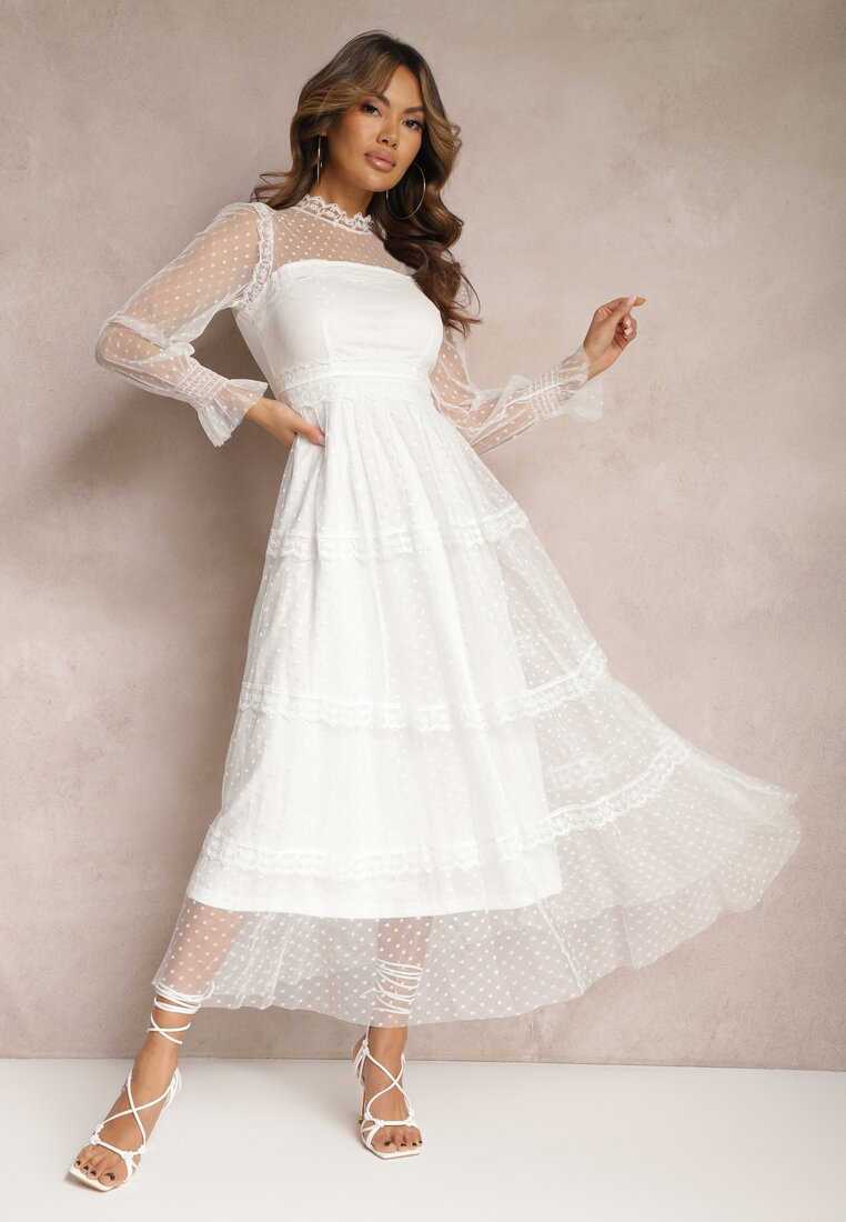Biała Koronkowa Sukienka Rozkloszowana z Falbanką Faberlla