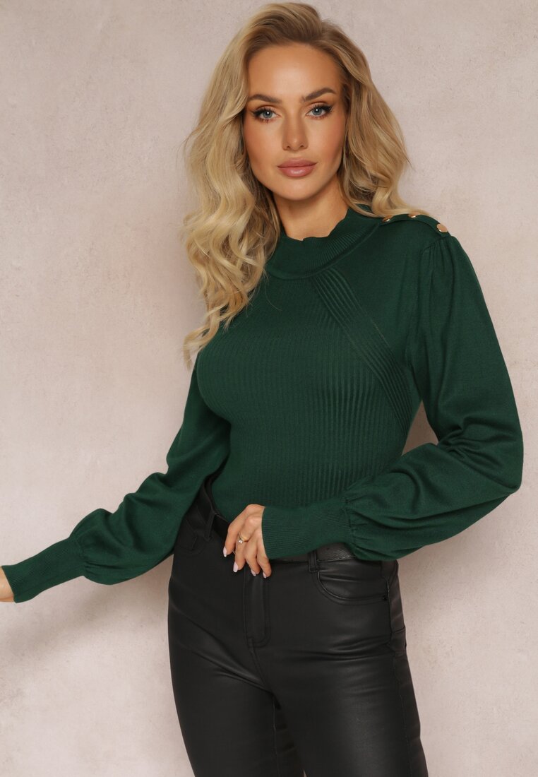 Pulover Verde Închis cu Guler Înalt și Nasturi Decorativi pe Umeri Racelina