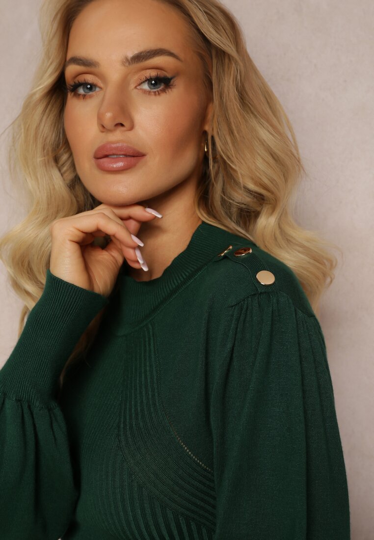Pulover Verde Închis cu Guler Înalt și Nasturi Decorativi pe Umeri Racelina