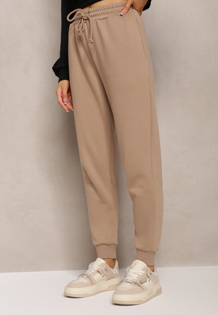 Ciemnobeżowe Spodnie Dresowe z Polarową Ciepłą Podszewką Trisseme