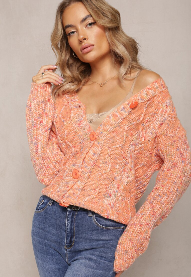 Pomarańczowy Kardigan Zapinany na Guziki ze Ściągaczami Annanes