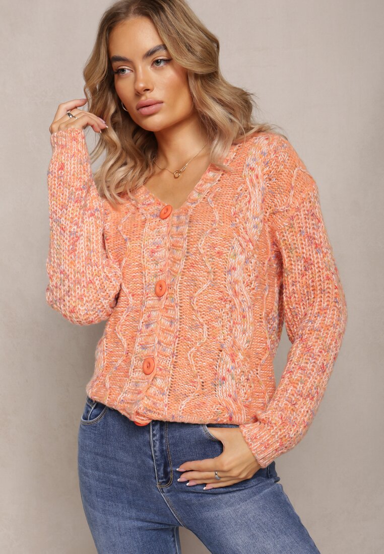 Pomarańczowy Kardigan Zapinany na Guziki ze Ściągaczami Annanes