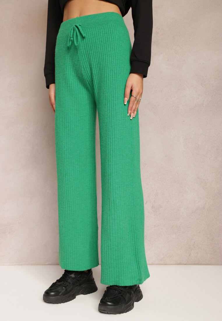 Zielone Dzianinowe Spodnie w Prążki z Gumką w Pasie i Szerokimi Nogawkami Florresta
