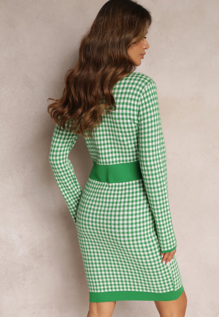 Zielono-Biała Dzianinowa Sukienka Mini w Kratę Zelibra