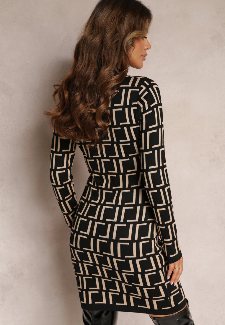 Rochie Mini Neagră Tip Pulover Cu Model Geometric Minametta